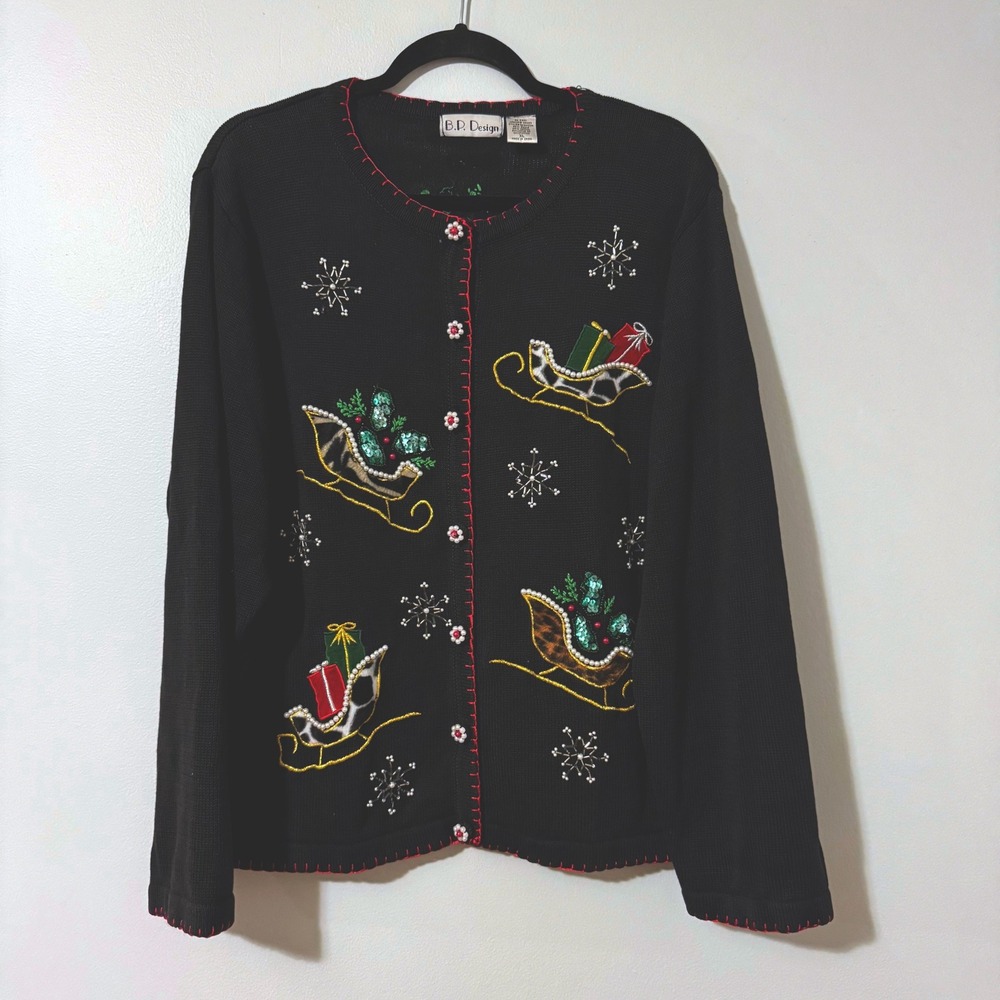Vintage 90s Christmas Cardigan XL Sequin Embroidered Beaded Sleigh Snowflake